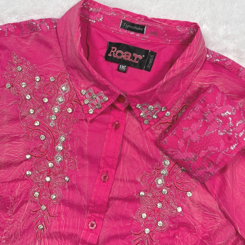 Roar Western Shirt Women XXL FIT XL)Pink Embroider Embellish Acid Wash Flip Cuff